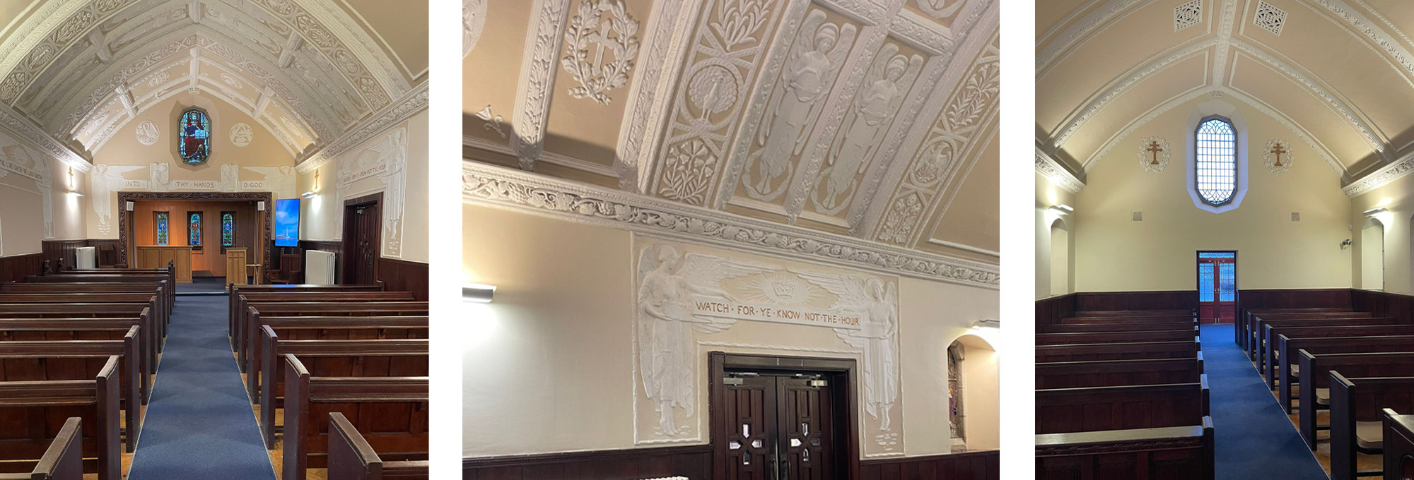 photo of restored the Grade II listed decorative plaster at Whitley Bay Crematorium